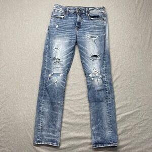 American Eagle Mens Slim Jeans 31x32 Blue Denim Ripped Distressed Wash